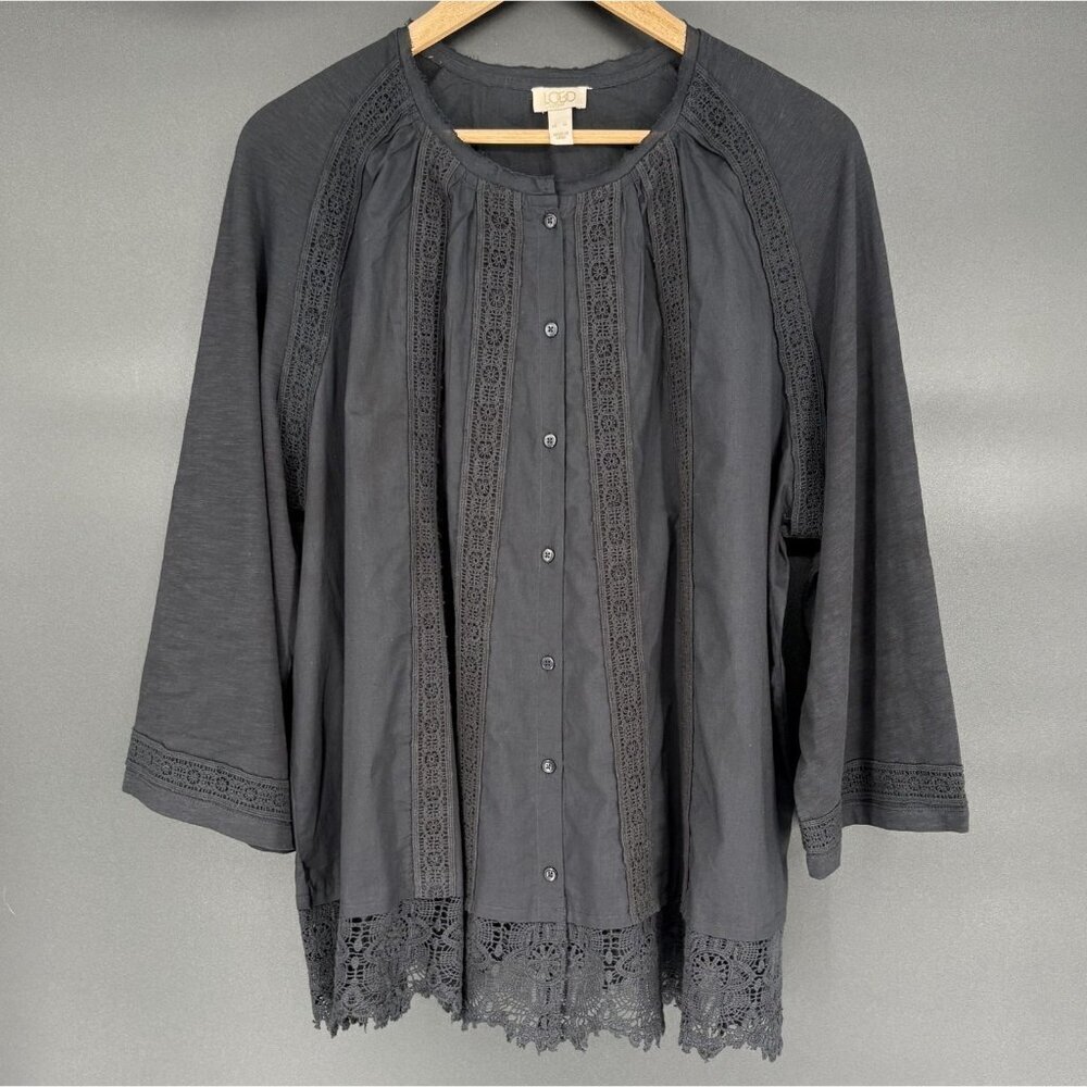 LOGO Lavish Women's Bohemian Peasant Lace Trim Blouse XL Button Front Boho